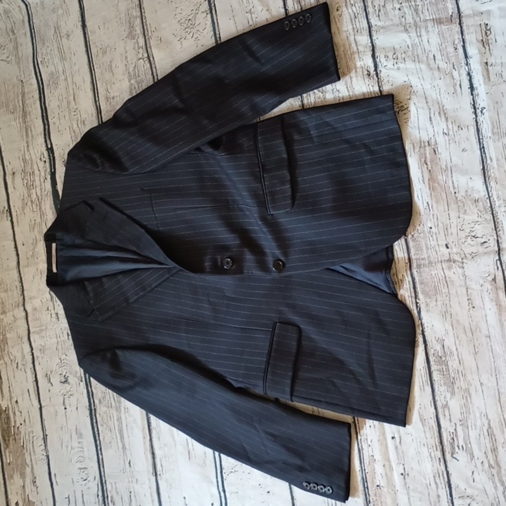 Hickey Freeman Navy Blue White Worsted Wool Pinstripe Blazer 38 R